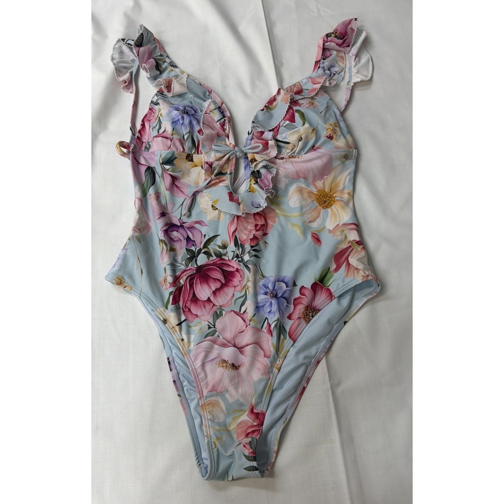 NWOT Cupshe One Piece Swimsuit Large Jo Jo Ruffle Floral Pink Yellow Blue